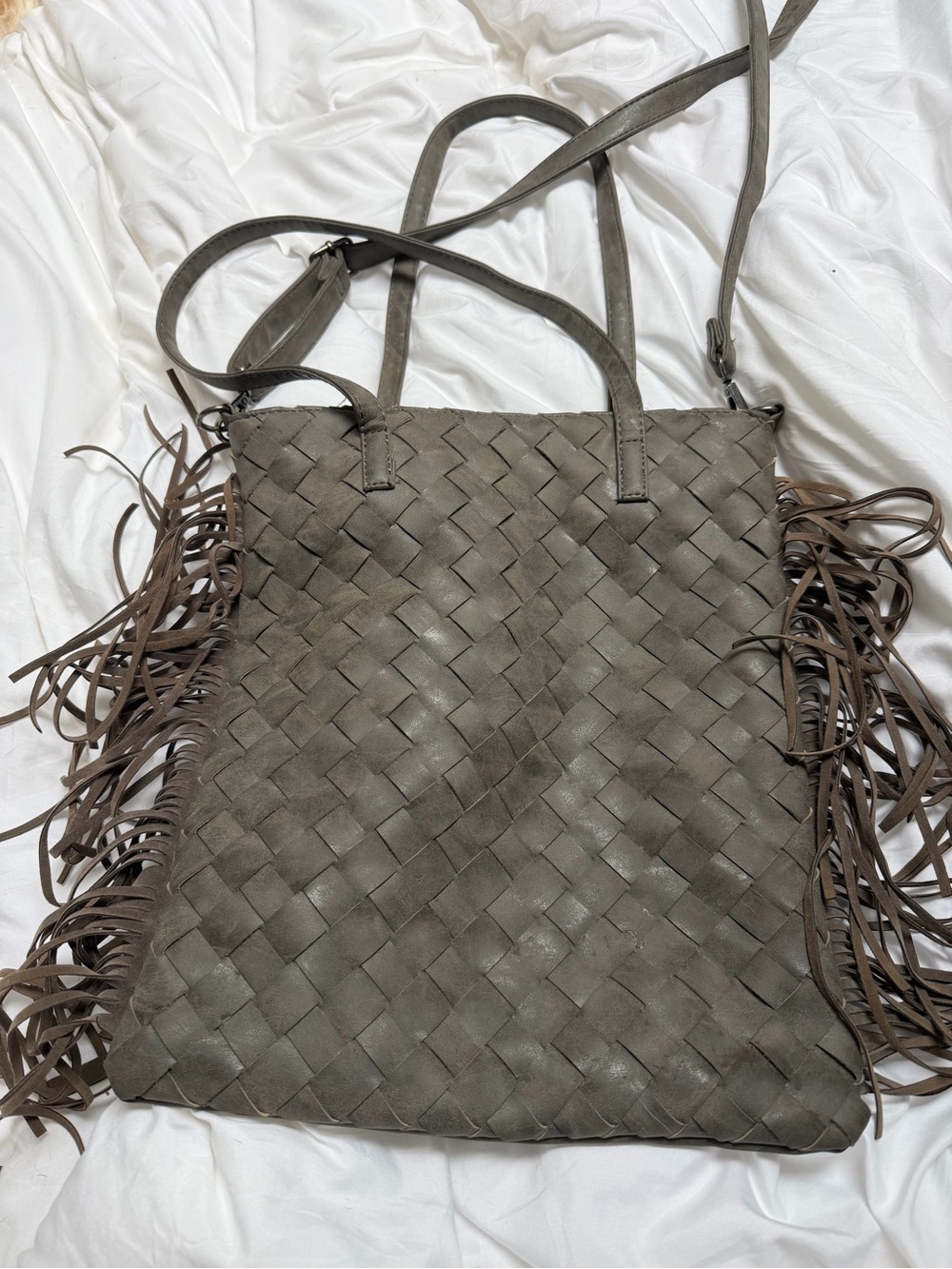 Fringed Woven Tote Bag - Gray